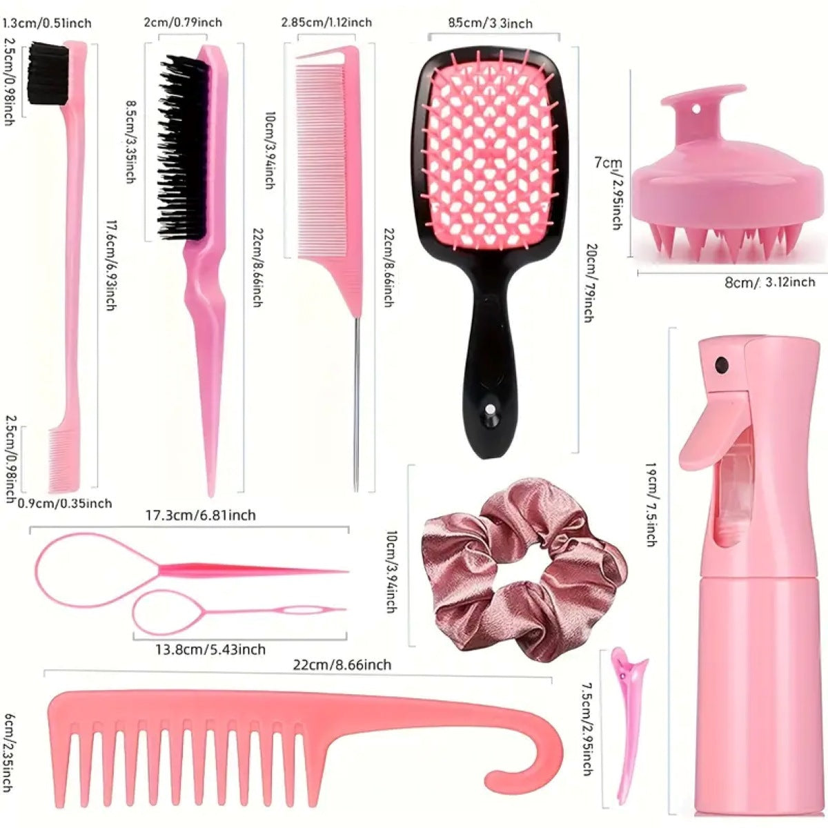 Complete Hair Styling Kit with Detangling Brushes, Combs, Spray Bottle, and Accessories Purple