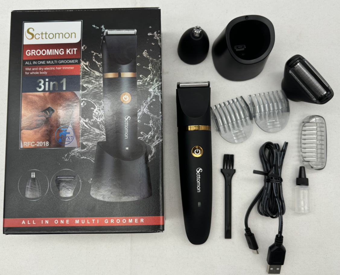 3-in-1 Men's Electric Body Groomer & Hair Clipper Kit - Waterproof, USB-C Rechargeable with Charging Dock black