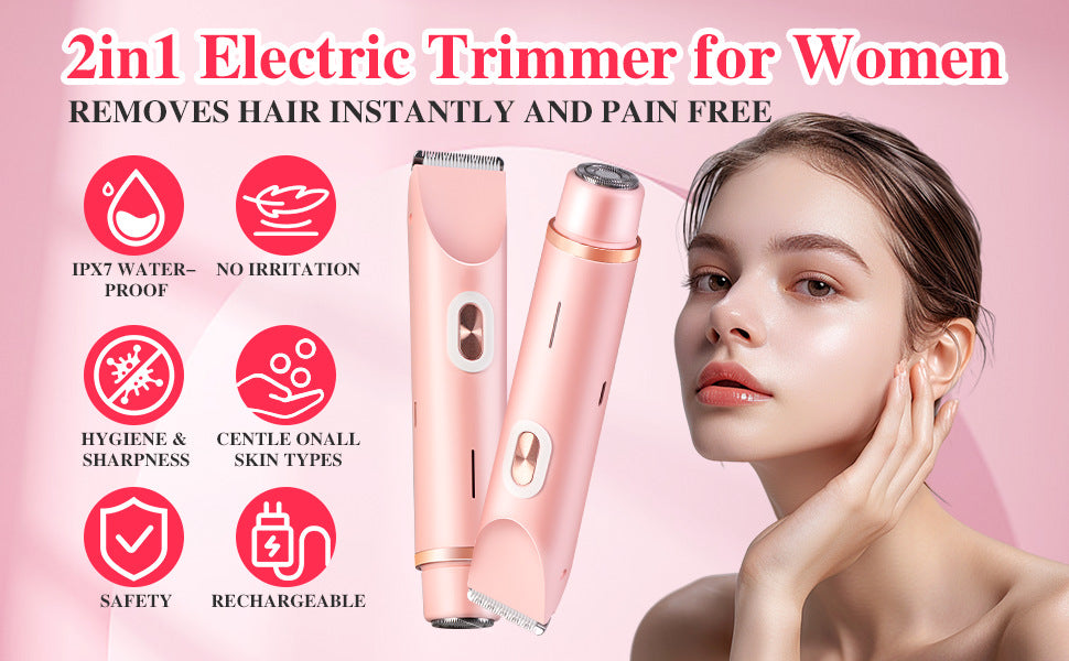 2-in-1 Ladies Electric Shaver & Trimmer - IPX7 Waterproof, USB-C Rechargeable, Dual Head Design pink