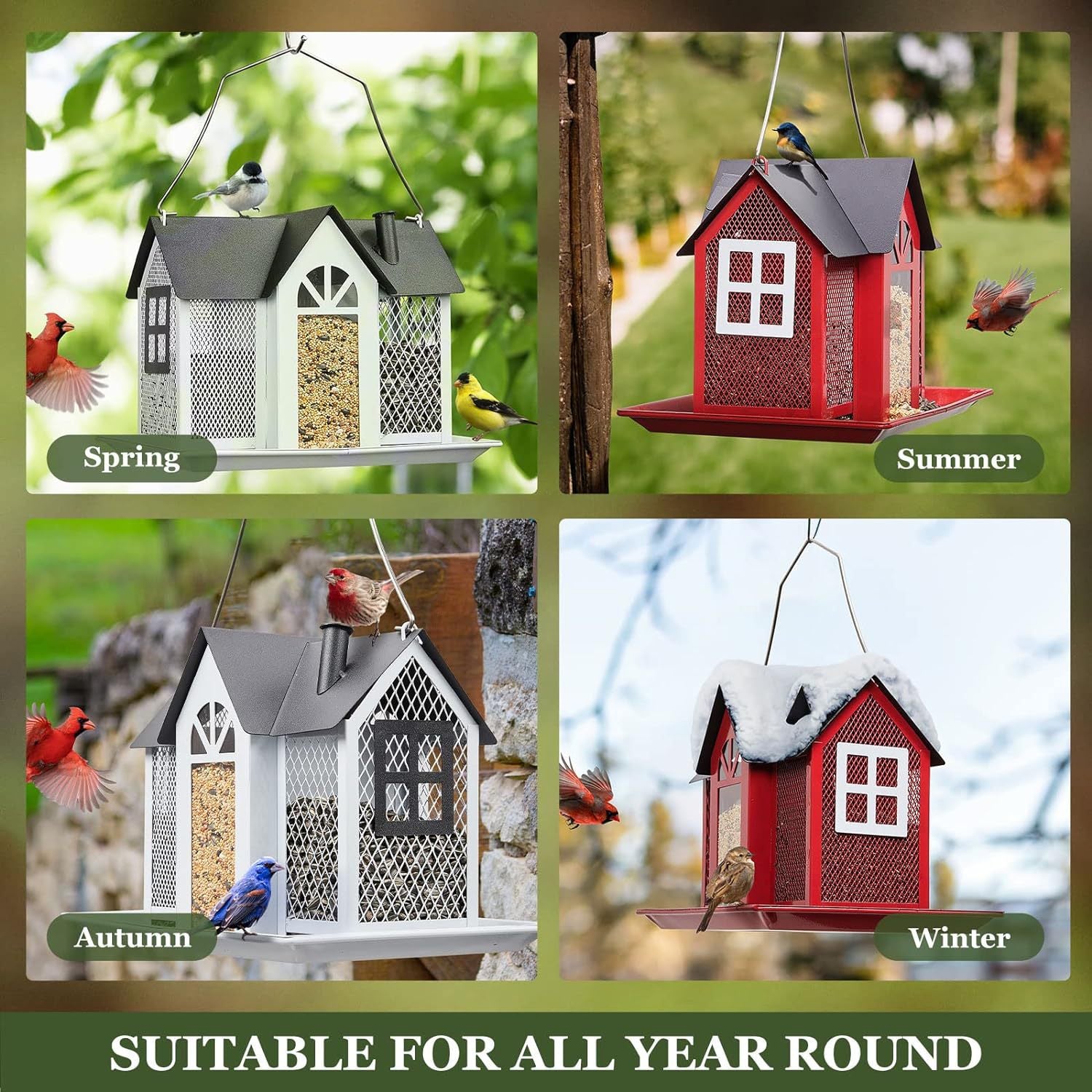 Charming House-Shaped Hanging Bird Feeder - Durable Metal Design for Wild Birds red