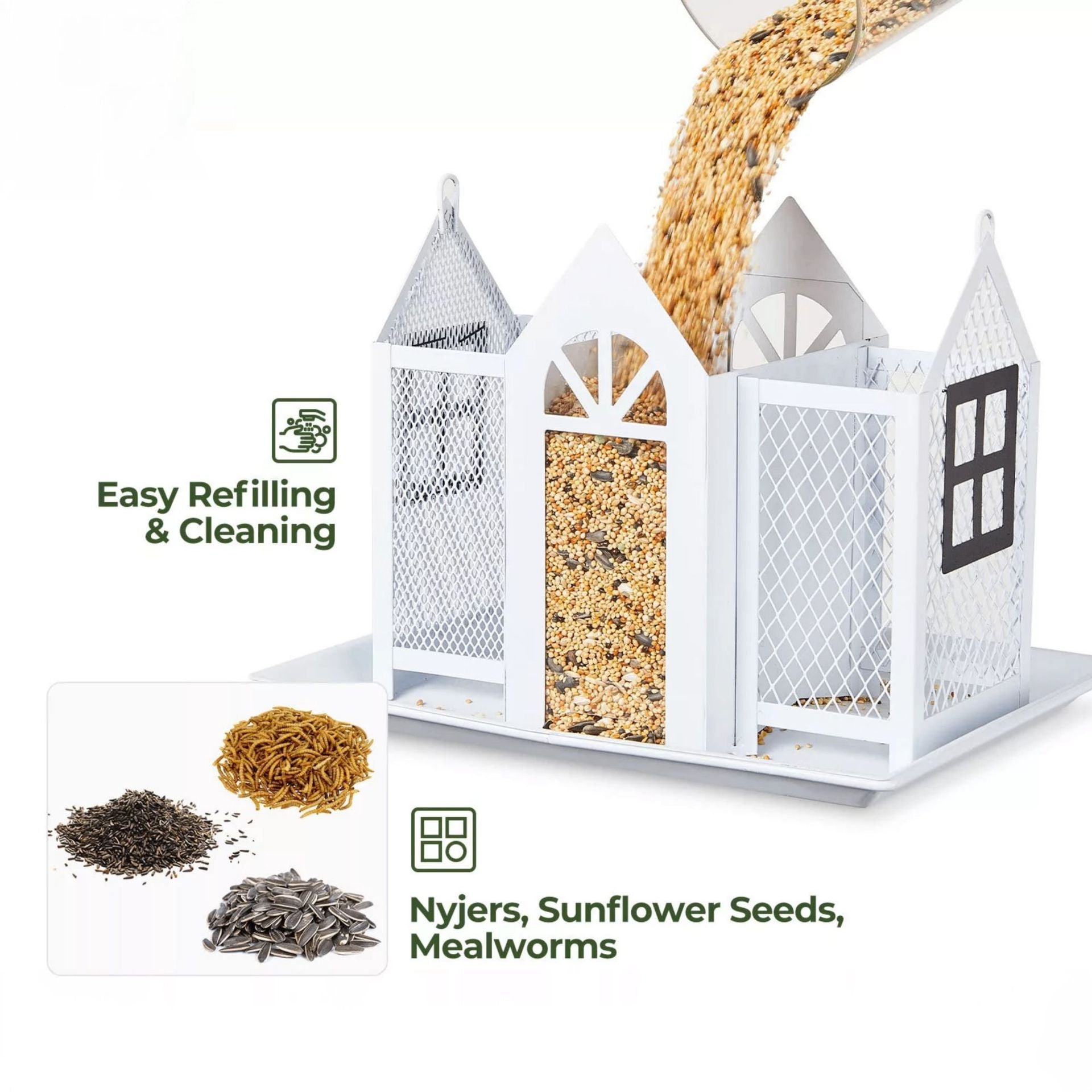 Charming House-Shaped Hanging Bird Feeder - Durable Metal Design for Wild Birds black