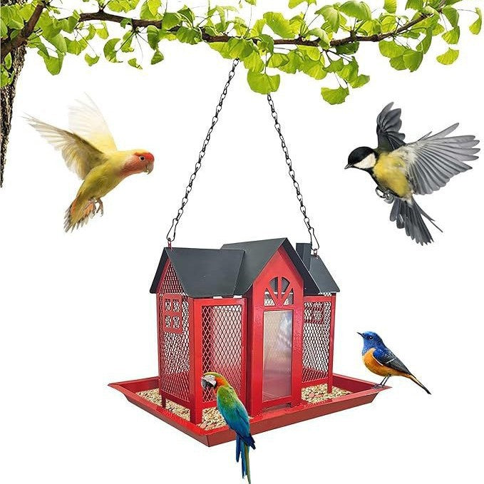 Charming House-Shaped Hanging Bird Feeder - Durable Metal Design for Wild Birds black