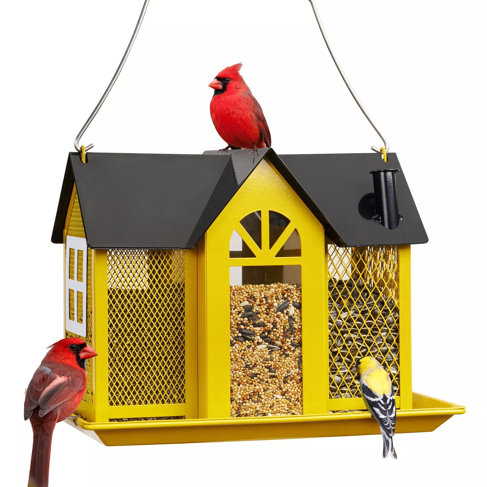 Charming House-Shaped Hanging Bird Feeder - Durable Metal Design for Wild Birds yellow