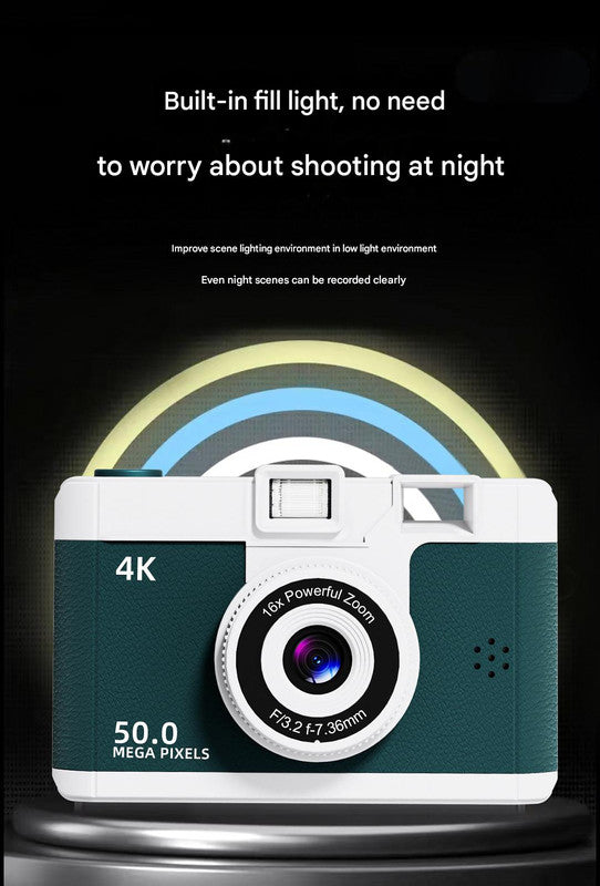 Compact 4K Digital Camera - 50MP, 16x Zoom, 2.4-inch IPS Screen, WiFi & Fill Light - Retro CCD Style White