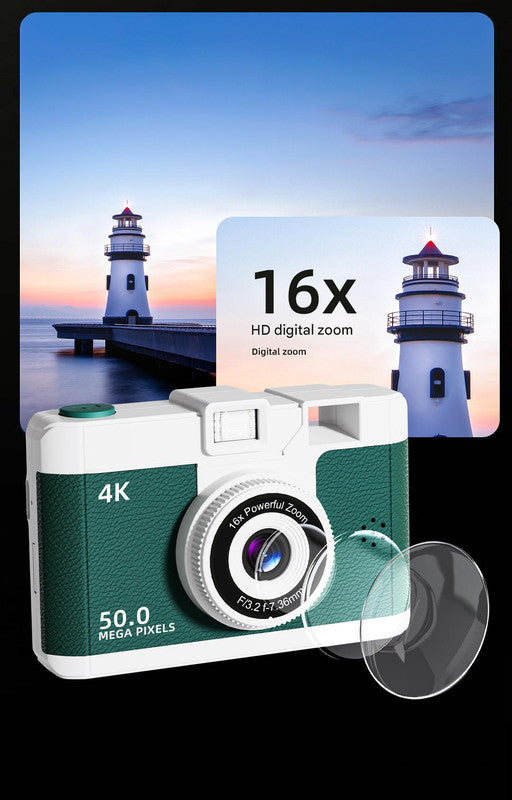 Compact 4K Digital Camera - 50MP, 16x Zoom, 2.4-inch IPS Screen, WiFi & Fill Light - Retro CCD Style White