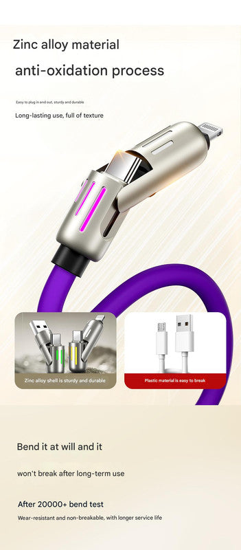 Universal PD Fast Charging Cable with LED Indicator - Zinc Alloy, Durable 1.5m Silicone Cord - Multiple Connector Options Blue