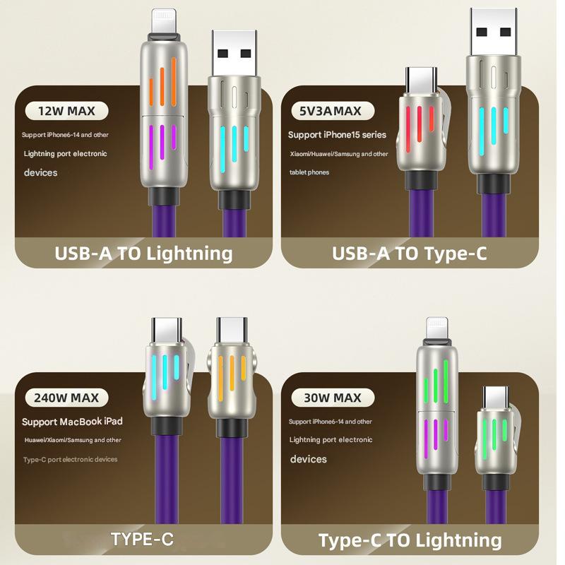 Universal PD Fast Charging Cable with LED Indicator - Zinc Alloy, Durable 1.5m Silicone Cord - Multiple Connector Options White