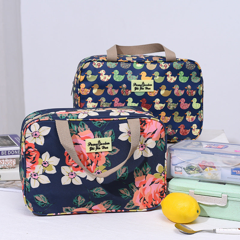 Versatile Portable Handled Bag - Durable Waterproof Fabric, Ideal for Toiletries, Lunch & Travel Light blue peony
