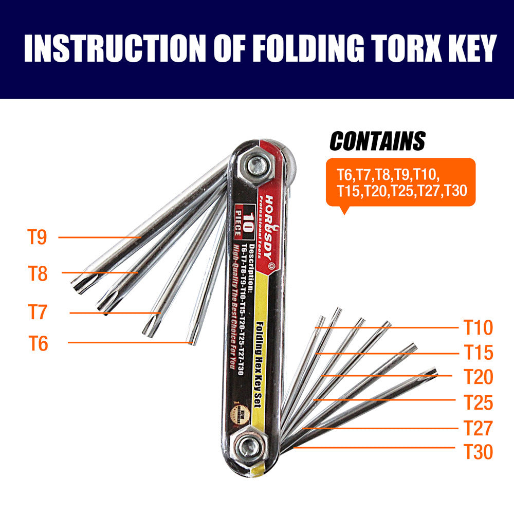 10-Piece Folding Torx Key Wrench Set - T6-T30 Star Keys, Portable Multi-Tool silver