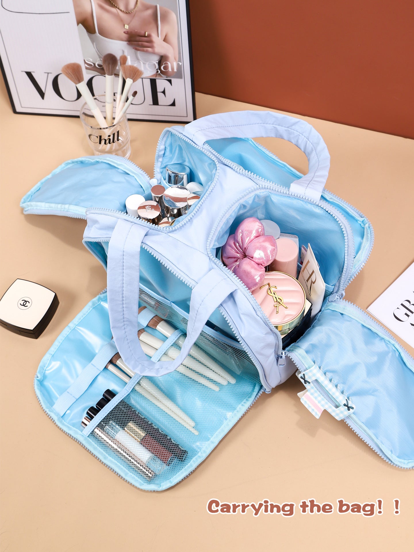 Portable Multi-Compartment Travel Toiletry & Makeup Organizer Bag with Brush Holders Light purple