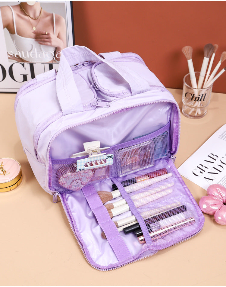 Portable Multi-Compartment Travel Toiletry & Makeup Organizer Bag with Brush Holders Light purple