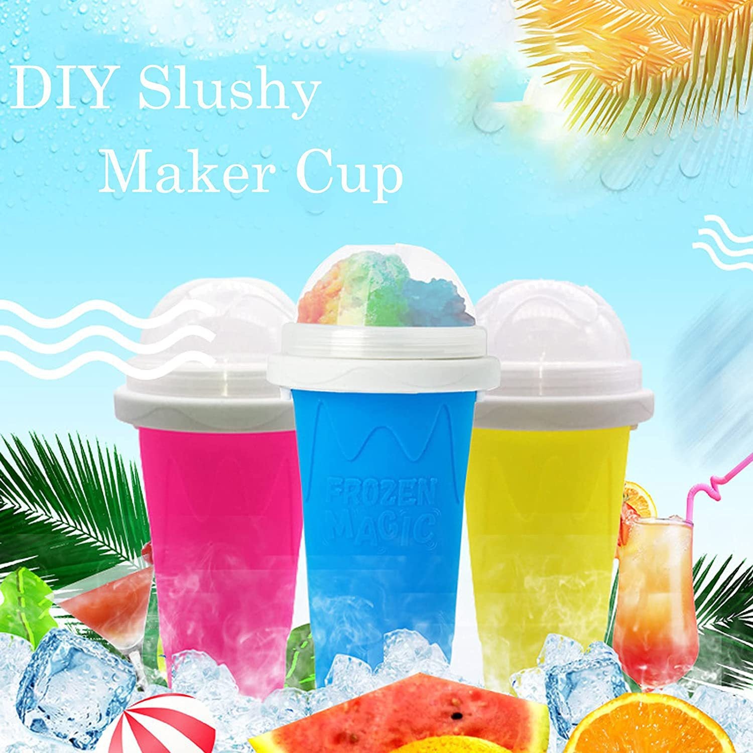 DIY Frozen Magic Slushy Maker Cup - Quick Squeeze Smoothie Cup with Lid & Straw/Spoon Blue