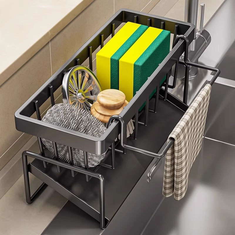 Kitchen Sink Caddy Organizer with Towel Bar & Drain Tray - Durable Metal Sponge Holder grey