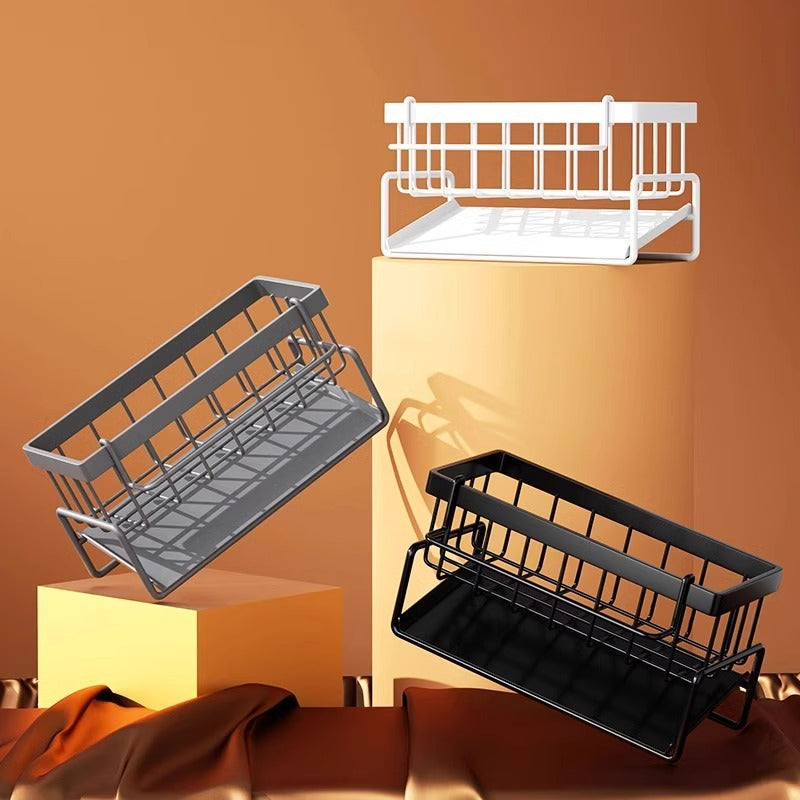 Kitchen Sink Caddy Organizer with Towel Bar & Drain Tray - Durable Metal Sponge Holder Black