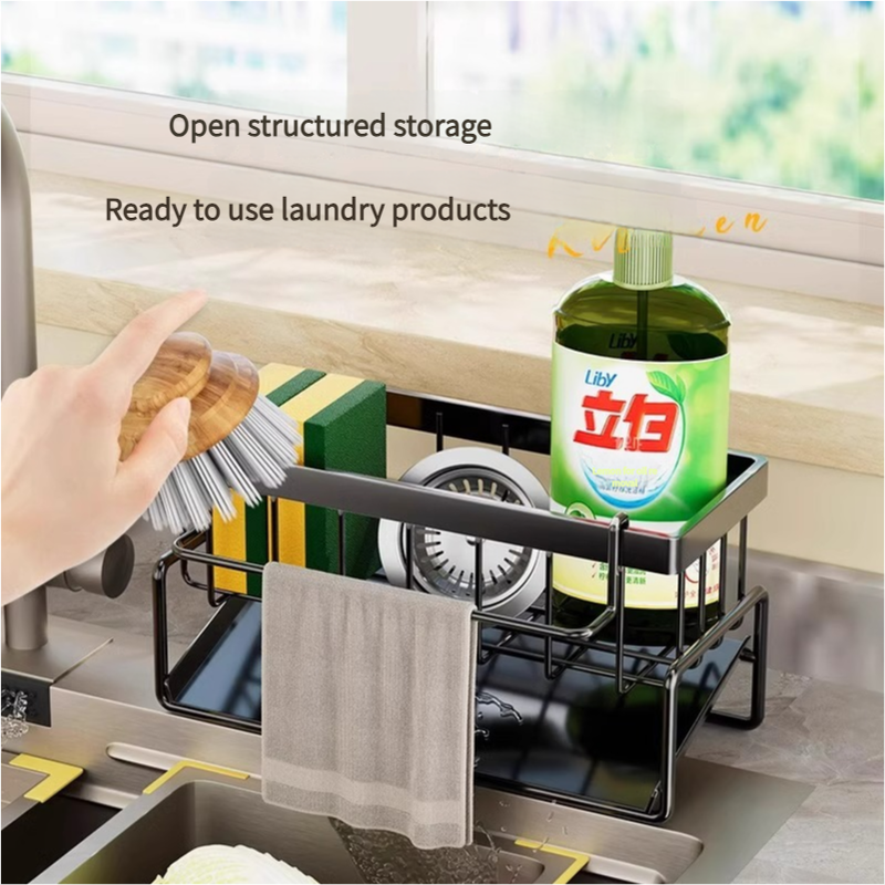 Kitchen Sink Caddy Organizer with Towel Bar & Drain Tray - Durable Metal Sponge Holder Black
