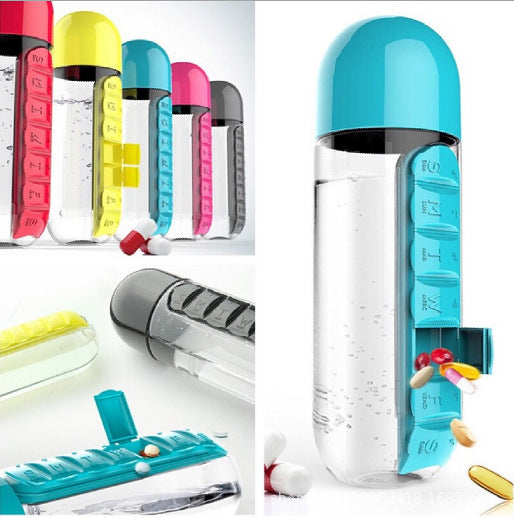 Two 2-in-1 Water Bottle with 7-Day Pill Organizer - 600ml BPA-Free, Portable & Leakproof black