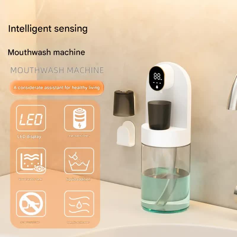 Smart Automatic Mouthwash Dispenser - 4 Adjustable Levels, LED Display, 2000mAh Battery & Magnetic Cups black