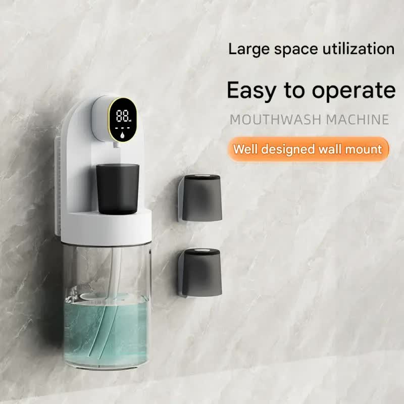 Smart Automatic Mouthwash Dispenser - 4 Adjustable Levels, LED Display, 2000mAh Battery & Magnetic Cups black