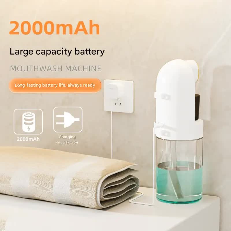 Smart Automatic Mouthwash Dispenser - 4 Adjustable Levels, LED Display, 2000mAh Battery & Magnetic Cups black