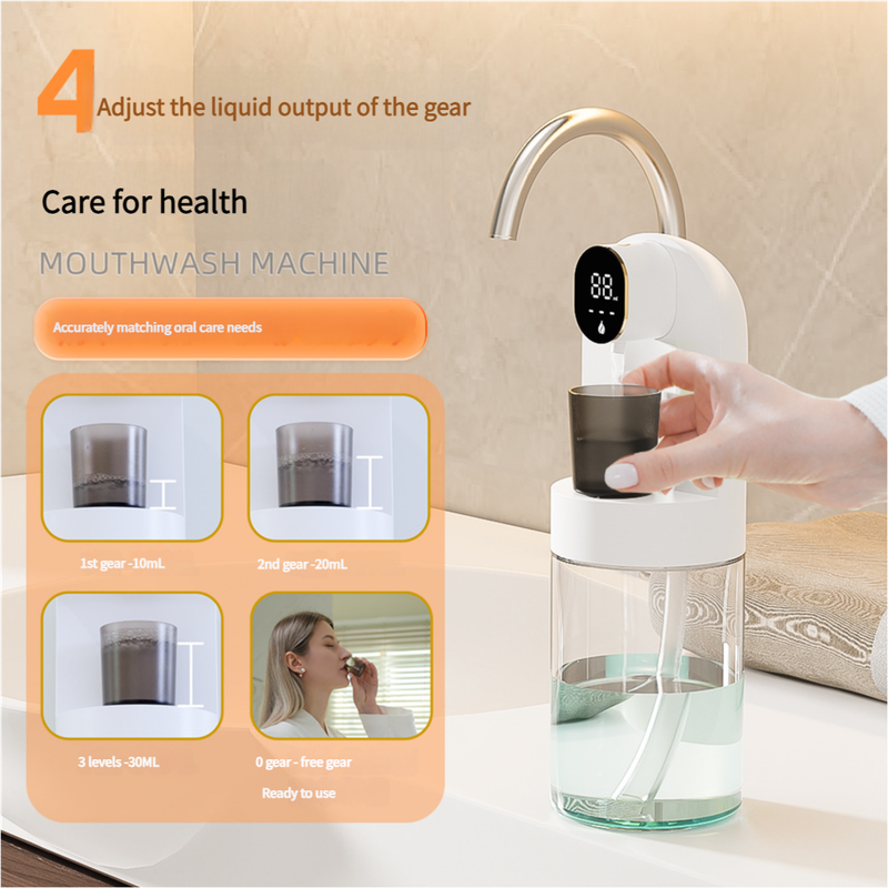 Smart Automatic Mouthwash Dispenser - 4 Adjustable Levels, LED Display, 2000mAh Battery & Magnetic Cups black