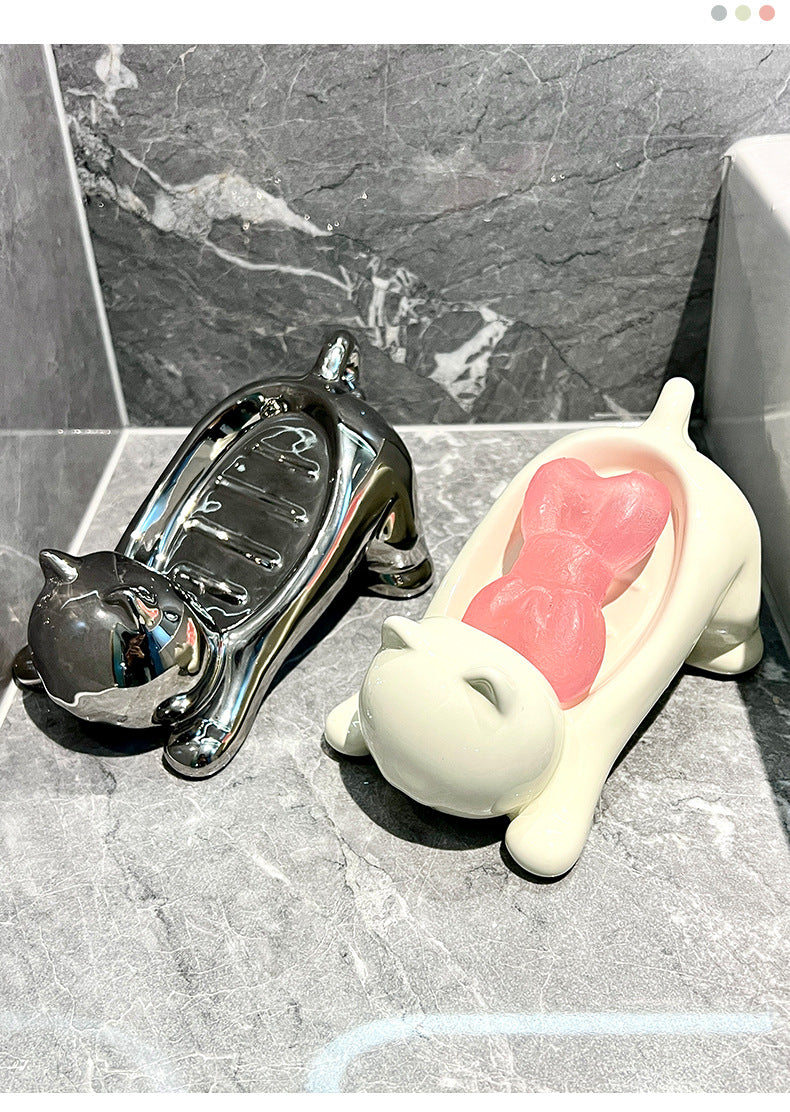 Charming Cat-Shaped Ceramic Soap Dish - Creative & Versatile Home Decor Accent Black