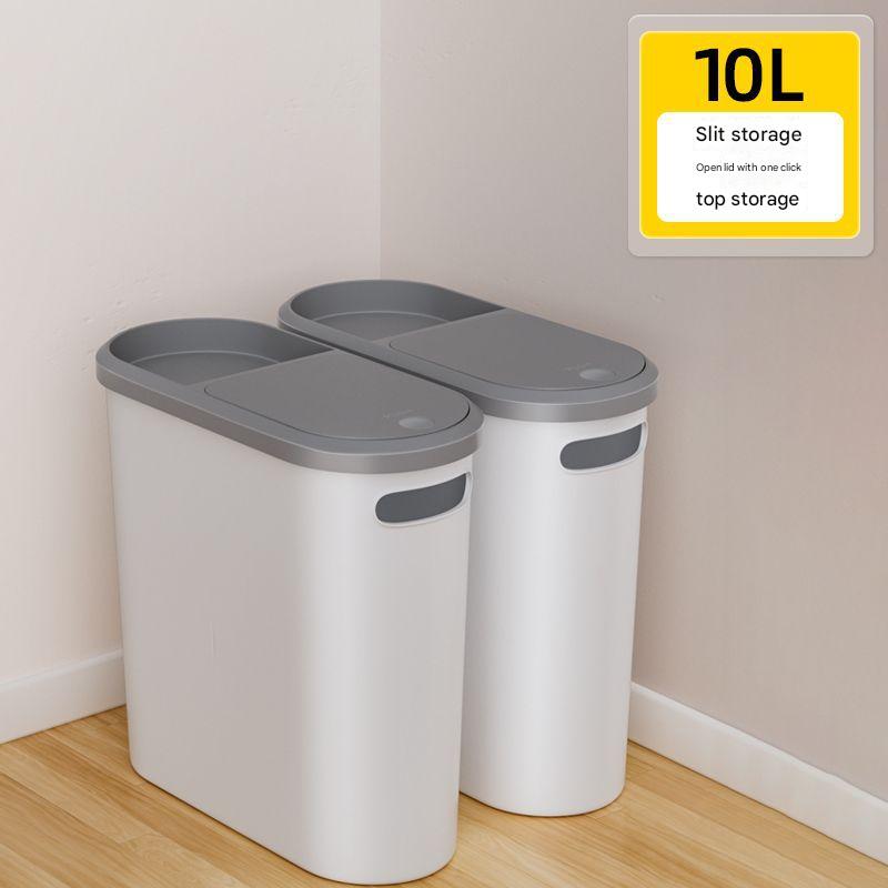 Slim Press-Top Trash Can with Top Storage Compartment - Narrow Design for Bathroom & Small Spaces White cover + ash bucket