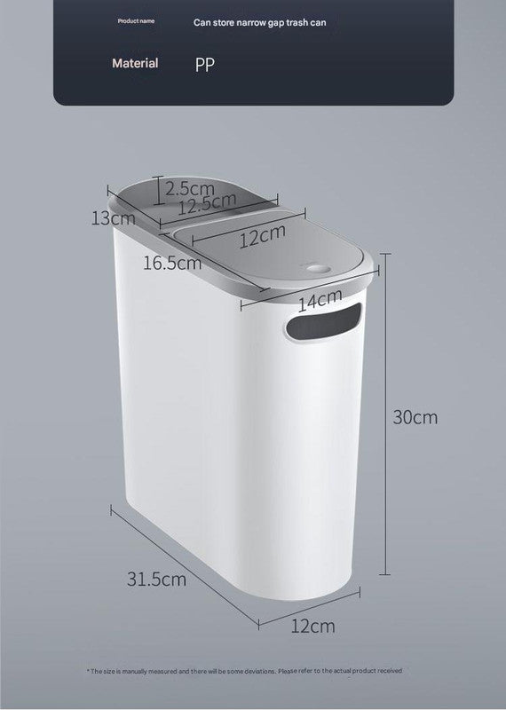 Slim Press-Top Trash Can with Top Storage Compartment - Narrow Design for Bathroom & Small Spaces White cover + ash bucket