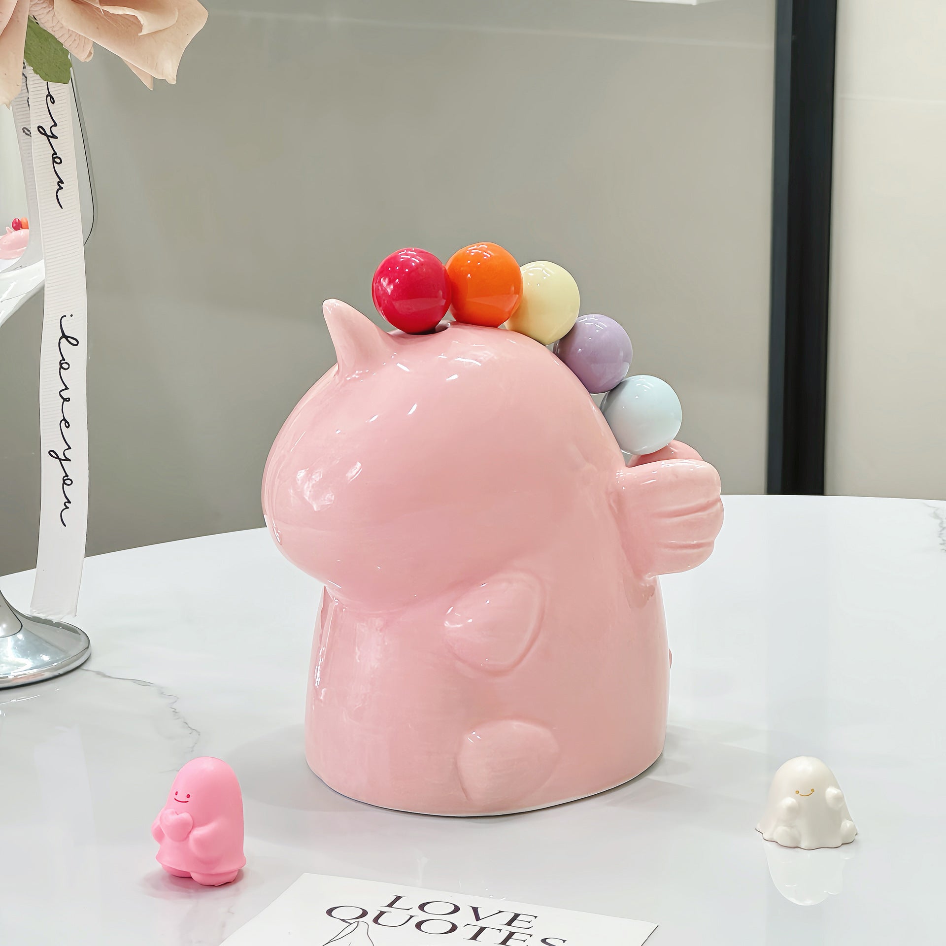 Adorable Unicorn Ceramic Fruit Fork Holder Set - Includes Stainless Steel Forks with Ball Tops pink