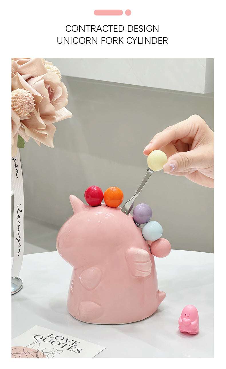 Adorable Unicorn Ceramic Fruit Fork Holder Set - Includes Stainless Steel Forks with Ball Tops white