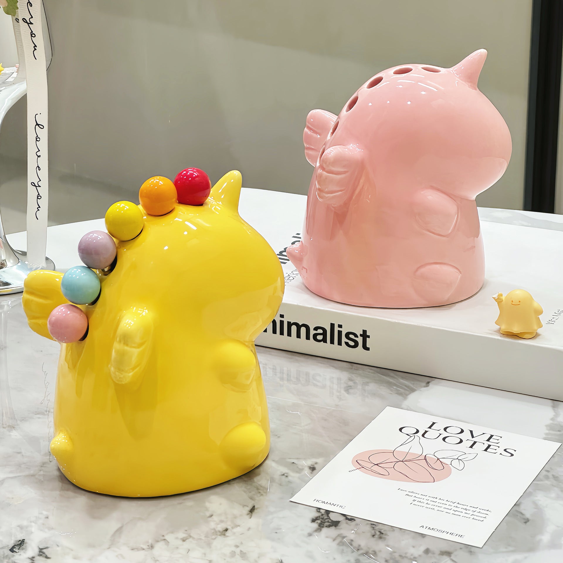 Adorable Unicorn Ceramic Fruit Fork Holder Set - Includes Stainless Steel Forks with Ball Tops yellow