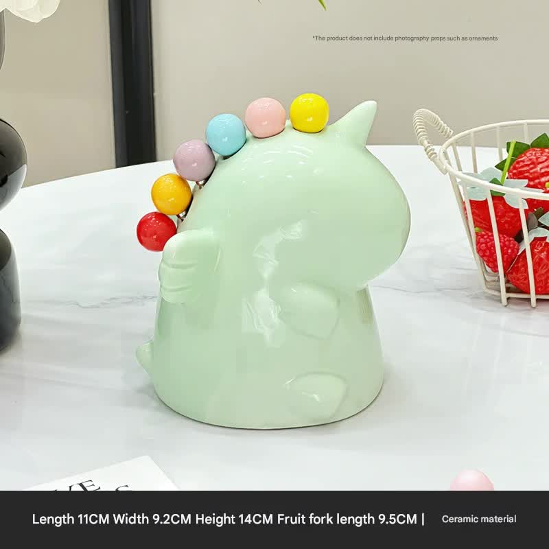 Adorable Unicorn Ceramic Fruit Fork Holder Set - Includes Stainless Steel Forks with Ball Tops green
