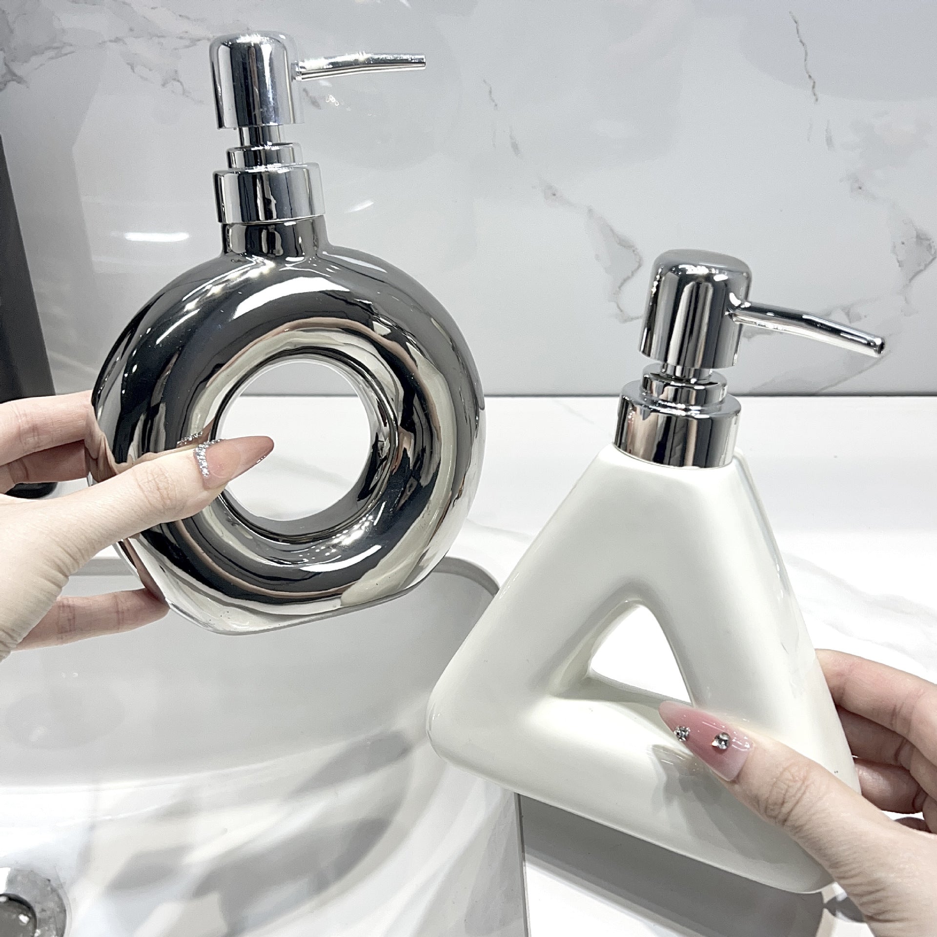 Modern Ceramic Soap & Lotion Dispenser - Unique Geometric Designs, 300ml Capacity Triangular lotion bottle, milky white