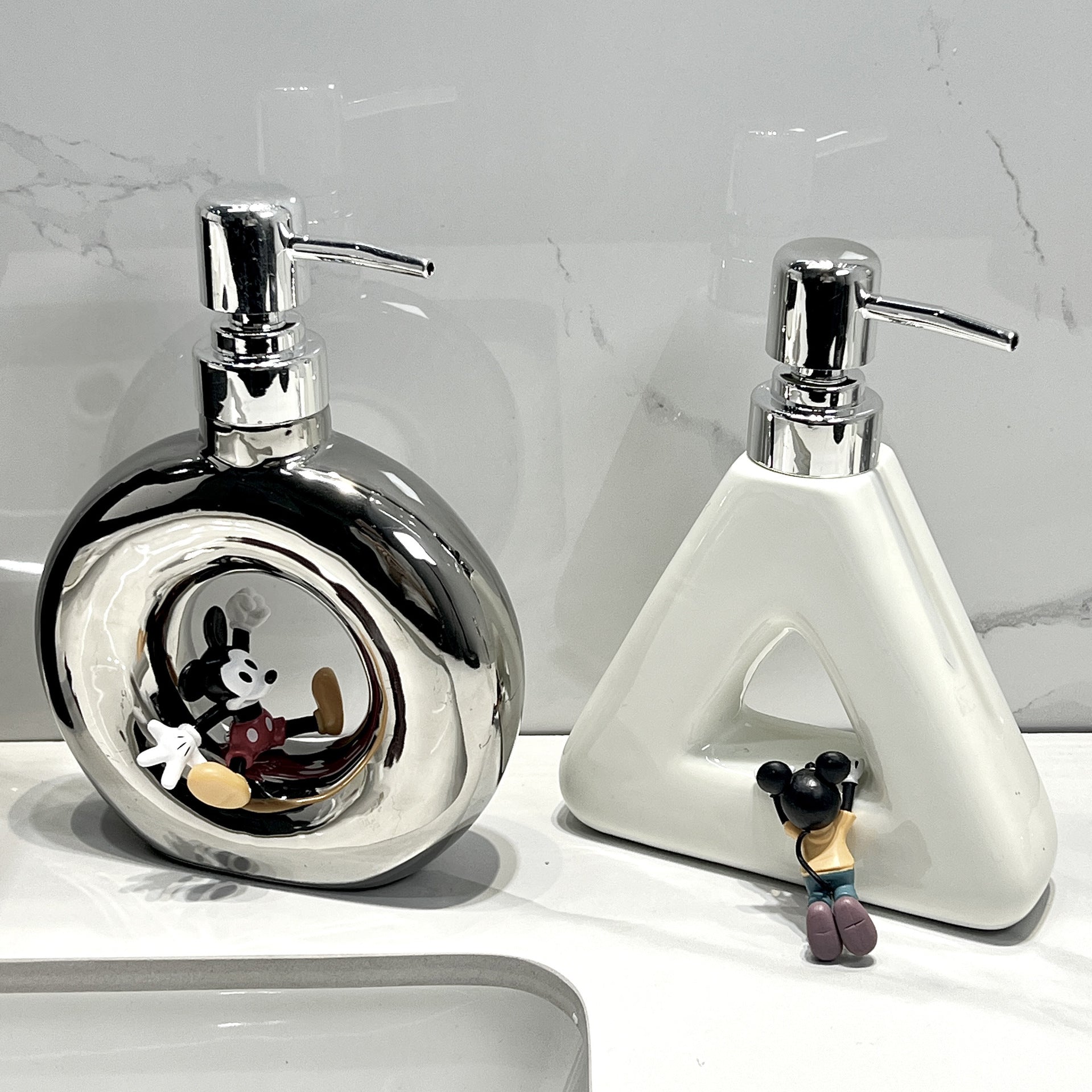 Modern Ceramic Soap & Lotion Dispenser - Unique Geometric Designs, 300ml Capacity Triangular lotion bottle, silver