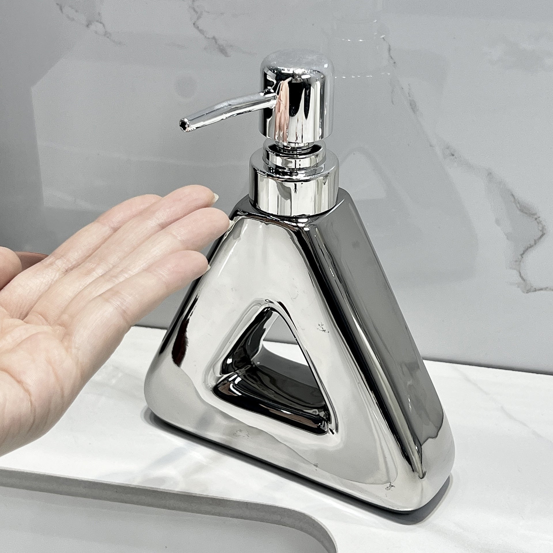Modern Ceramic Soap & Lotion Dispenser - Unique Geometric Designs, 300ml Capacity Triangular lotion bottle, silver