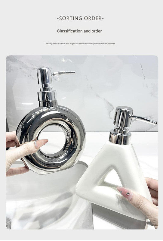 Modern Ceramic Soap & Lotion Dispenser - Unique Geometric Designs, 300ml Capacity Triangular lotion bottle, silver