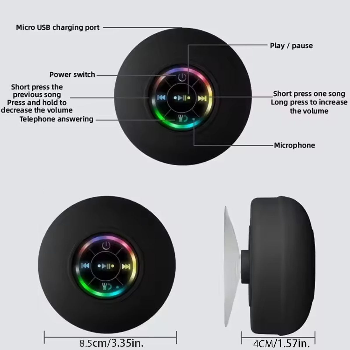 IPX4 Waterproof Bluetooth Shower Speaker with Suction Cup & LED Lights - Hands-Free Calling green