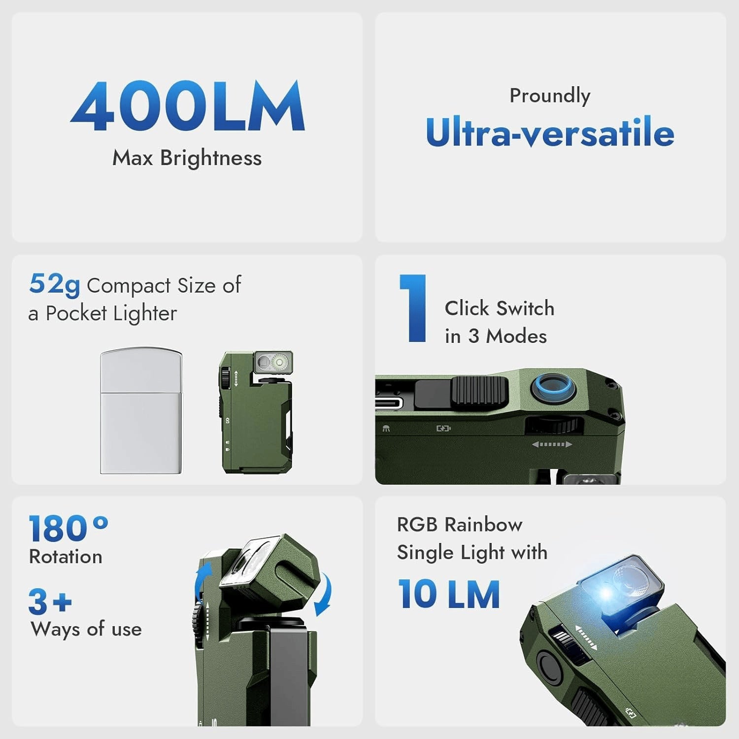 Ultra-Versatile Compact LED Flashlight - 400LM, 180 Rotating Head, RGB Light, Type-C Charging green