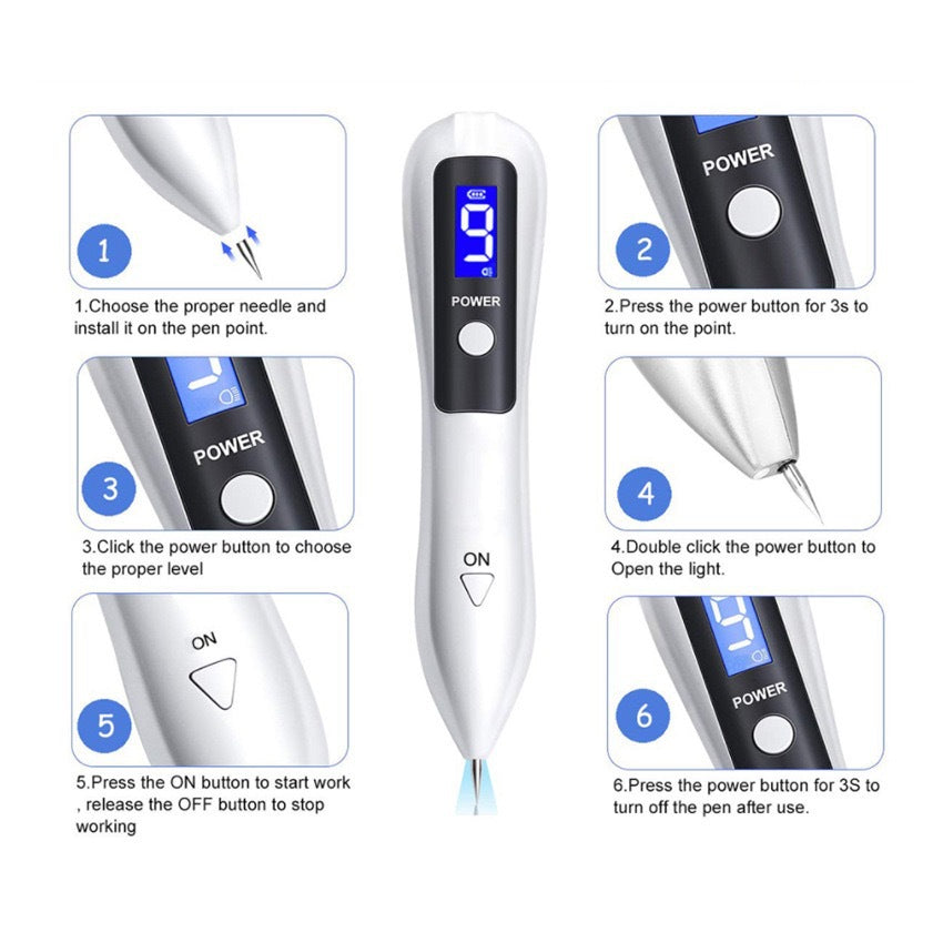 Professional 9-Level Skin Tag & Mole Remover Pen - USB Rechargeable with LED Display & Multiple Needles Silver