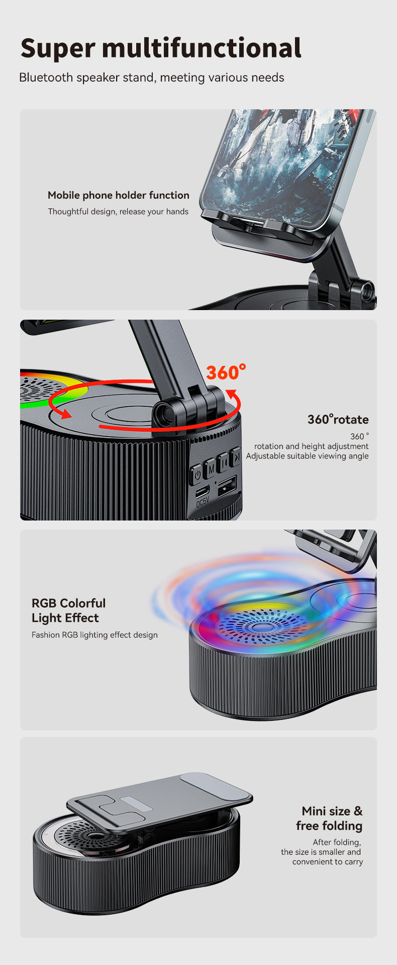 Foldable Bluetooth Speaker with 360 Rotating Phone/Tablet Stand & RGB Lights - HIFI Surround Sound black