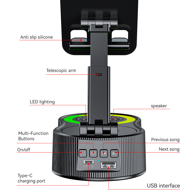 Foldable Bluetooth Speaker with 360 Rotating Phone/Tablet Stand & RGB Lights - HIFI Surround Sound White