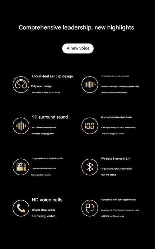 Open-Ear Conduction TWS Earbuds - Bluetooth 5.4, 9D Surround Sound, LED Display, Long Battery Life black
