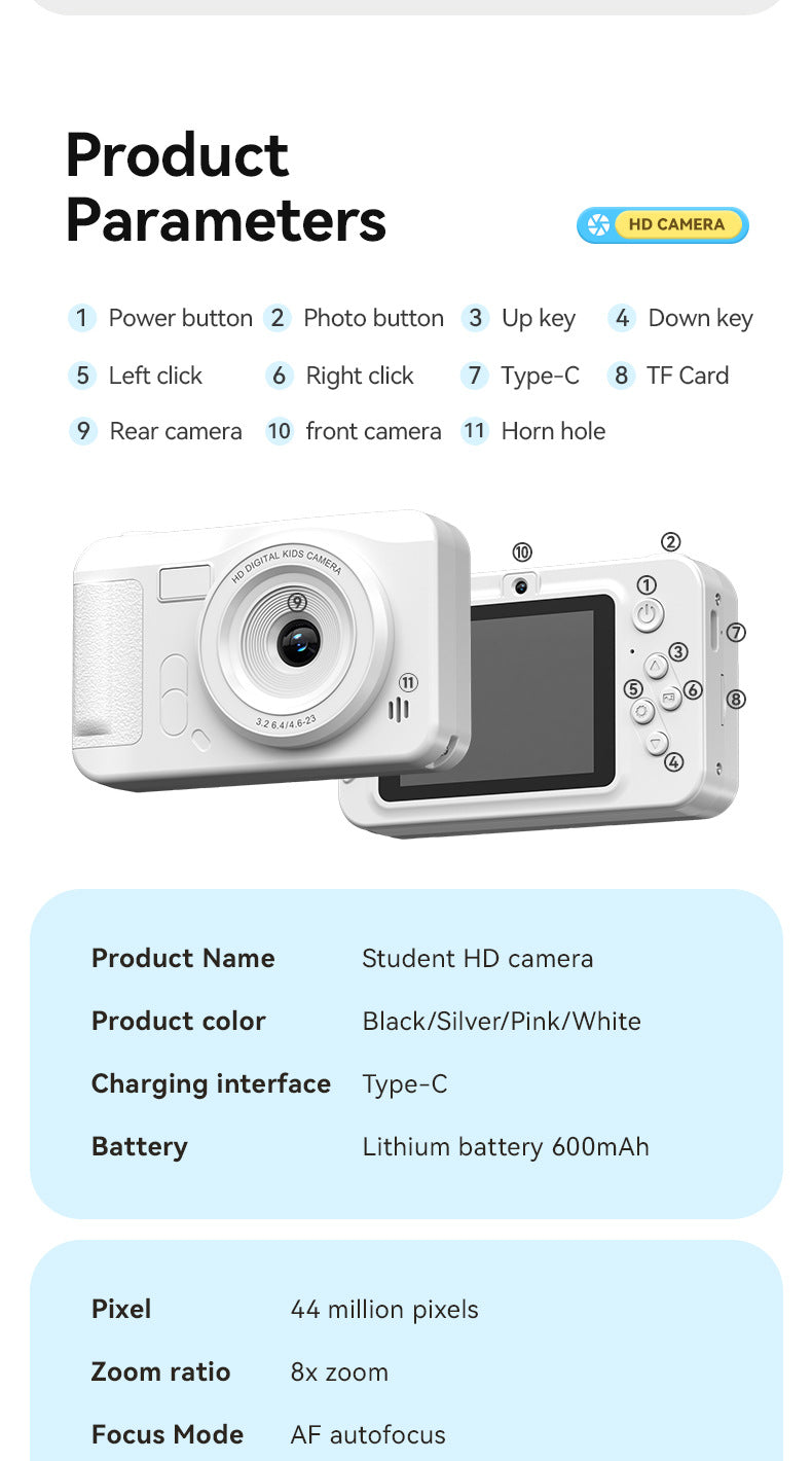 Student HD Digital Camera - 44MP, 8x Zoom, Autofocus, Dual Lens, Type-C Charging white