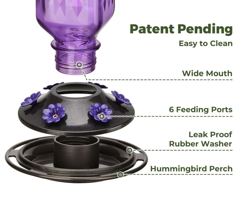 Elegant Hanging Hummingbird Feeder - Decorative Glass Nectar Bottle with Ant Moat, 6 Feeding Ports Purple