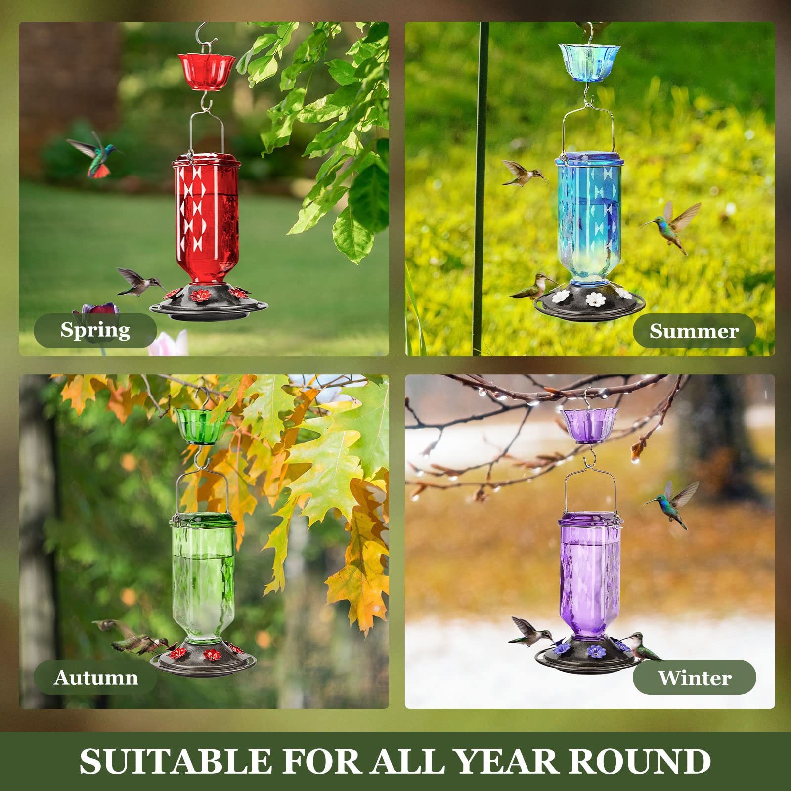 Elegant Hanging Hummingbird Feeder - Decorative Glass Nectar Bottle with Ant Moat, 6 Feeding Ports Purple