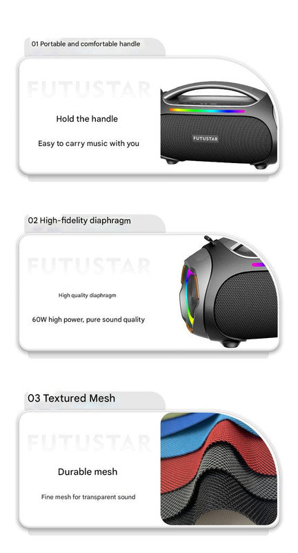 Portable Bluetooth 5.3 Speaker - 60W Powerful Sound, RGB Lights, Multiple Inputs Blue