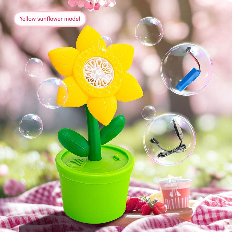 Electric Flower Bubble Machine with Music - Rechargeable, 10-Hole Output yellow