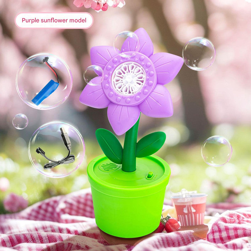 Electric Flower Bubble Machine with Music - Rechargeable, 10-Hole Output Purple