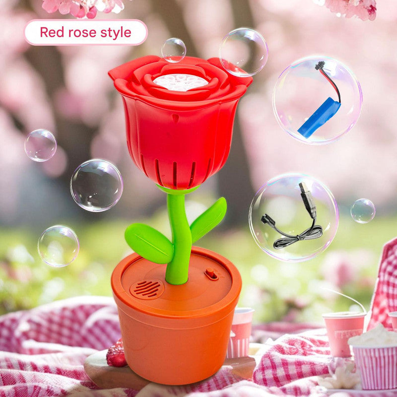 Electric Flower Bubble Machine with Music - Rechargeable, 10-Hole Output Red