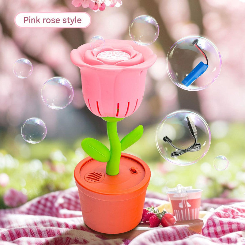 Electric Flower Bubble Machine with Music - Rechargeable, 10-Hole Output Pink