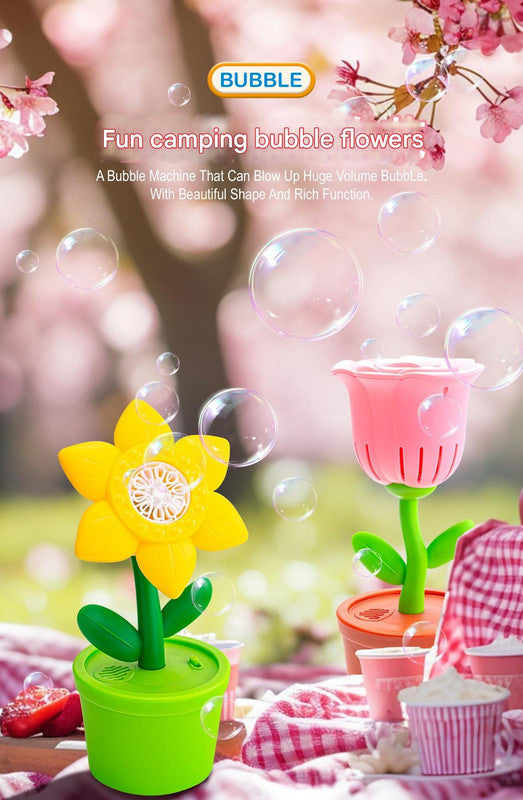 Electric Flower Bubble Machine with Music - Rechargeable, 10-Hole Output Pink